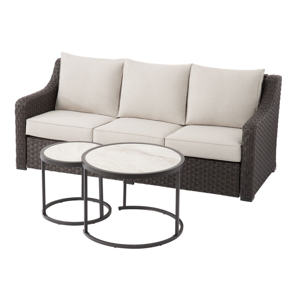 Better Homes & Gardens River Oaks Outdoor Sofa & 2 Nesting Tables with Patio Cover, Dark Brown - Image 2
