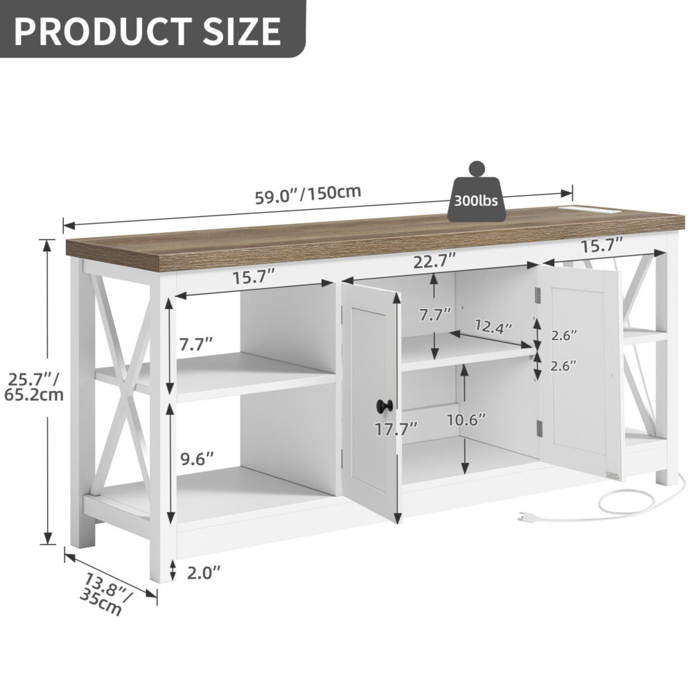 Dextrus White TV Stand up to 65 Inches w/Power Outlets, Farmhouse Entertainment Center Cabinet with Storage for Living Room - Image 6