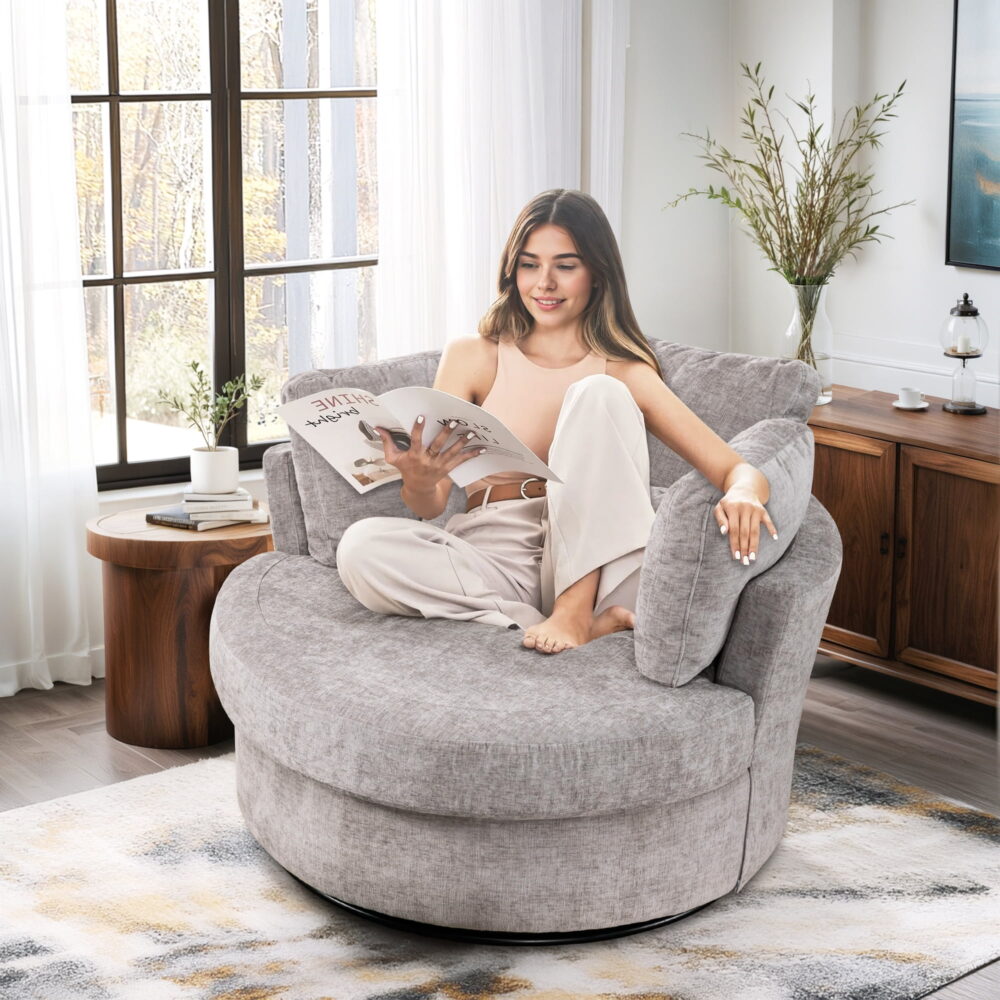Dinosisco Oversized Swivel Barrel Accent Chair, Chenille Adult Comfy Reading Armchair, Gray - Image 4