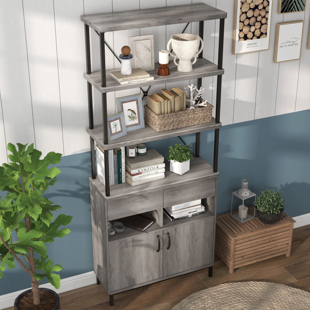 Furniture of America Brix Multi-Storage Wood Adult Bookcase, Vintage Gray Oak - Image 5