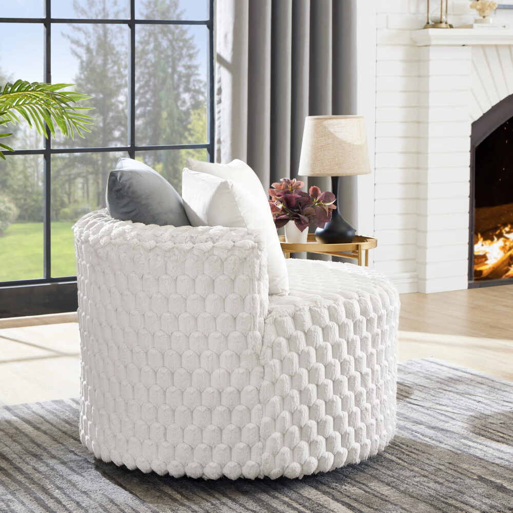 Roundhill Furniture Malna Plush 3D Upholstered Barrel Accent Chair with Wheels, Off-white - Image 3