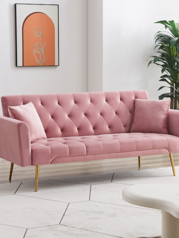 71 Inches Velvet Futon Sofa Bed with 2 Pillows,Modern Convertible Futon Couch with Adjustable Backrest,Pink