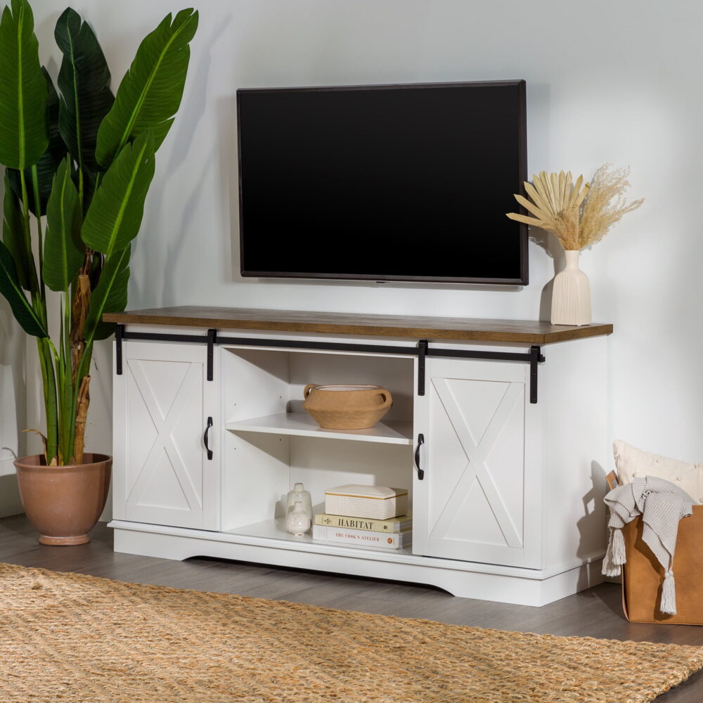 Walker Edison Farmhouse Sliding Barn Door TV Stand for TVs up to 65", White/Reclaimed Barnwood - Image 2