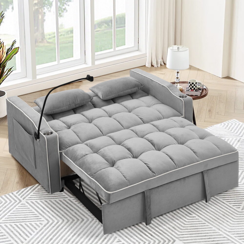 Dinosisco 3-in-1 Convertible Futon Sofa Bed, Loveseat Sleeper with Phone Stand, USB, Gray Velvet - Image 7