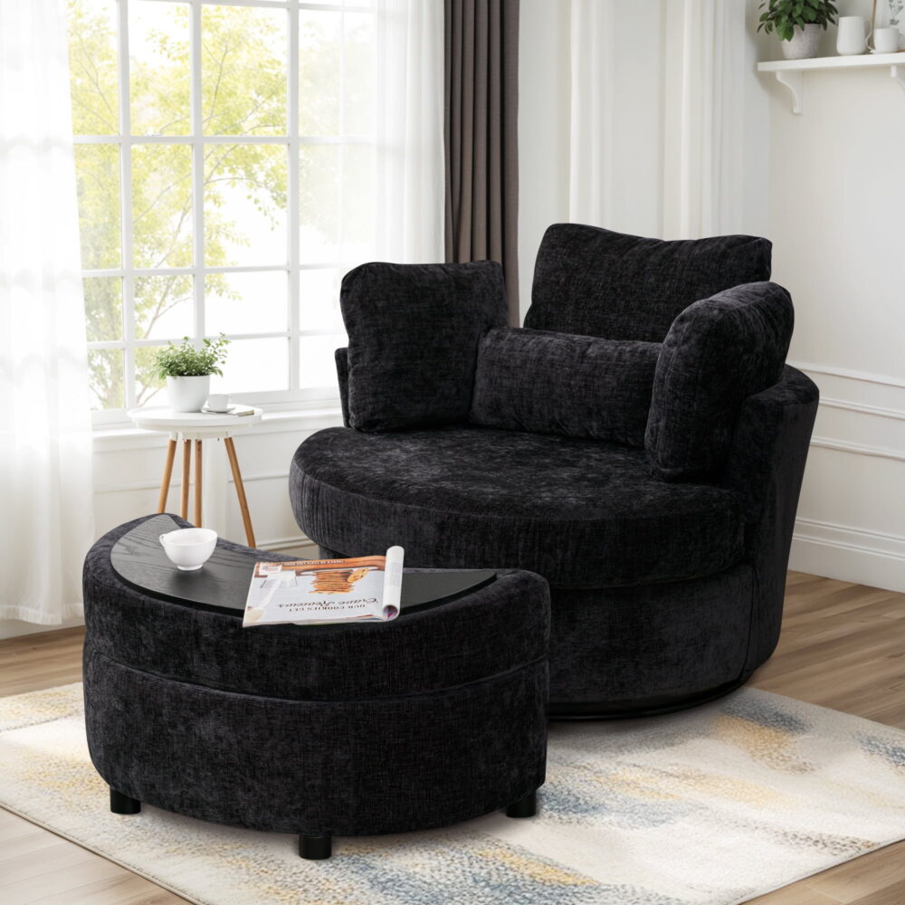 Dinosisco Oversized Swivel Accent Barrel Chair with Storage Ottoman, Chenille, Indoor, Black - Image 2
