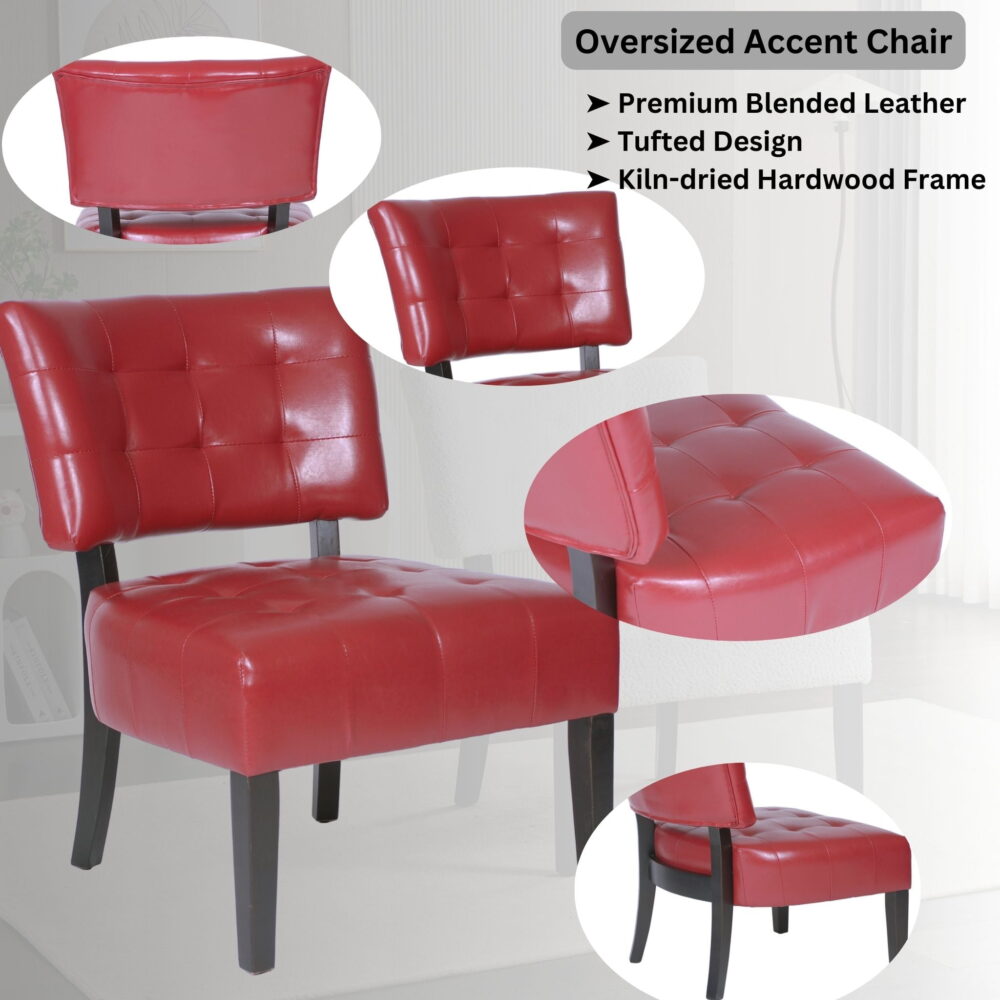 Roundhill Furniture Blended Leather Tufted Accent Chair with Oversized Seating, Red - Image 2