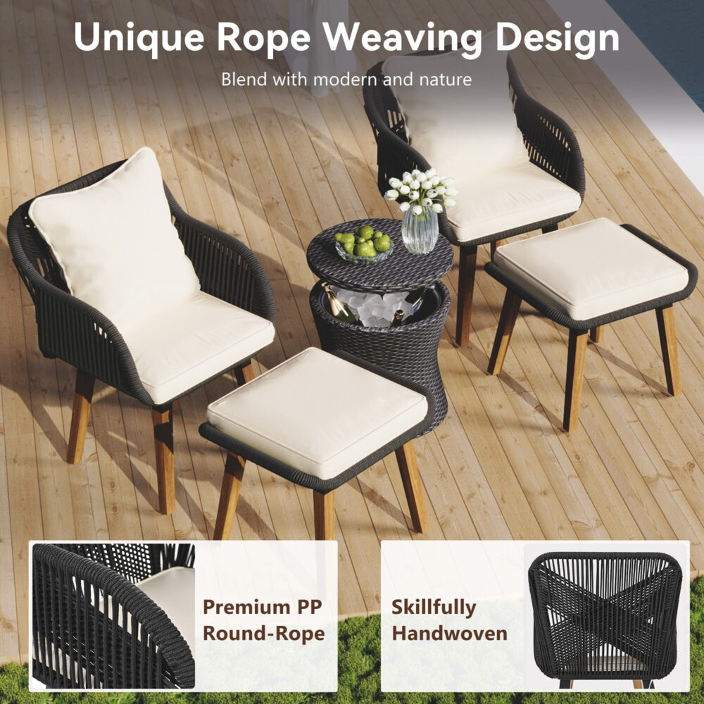 AENKYO 5-Piece Rope Patio Furniture Set with Wicker Pop-Up Cooler Table, Cushioned Chairs & Ottomans, Black - Image 4