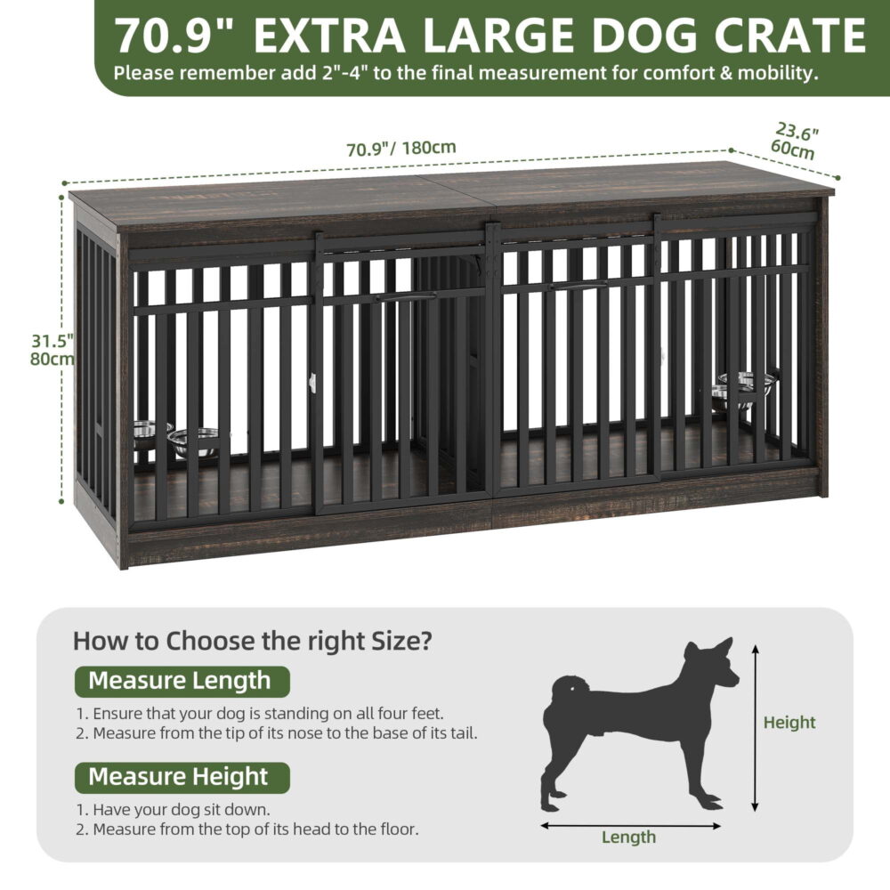 Uforic 71-Inch Farmhouse TV Stand for TVs up to 65",Heavy Duty Dog Crate Furniture with 4 Dog Bowl - Black - Image 3