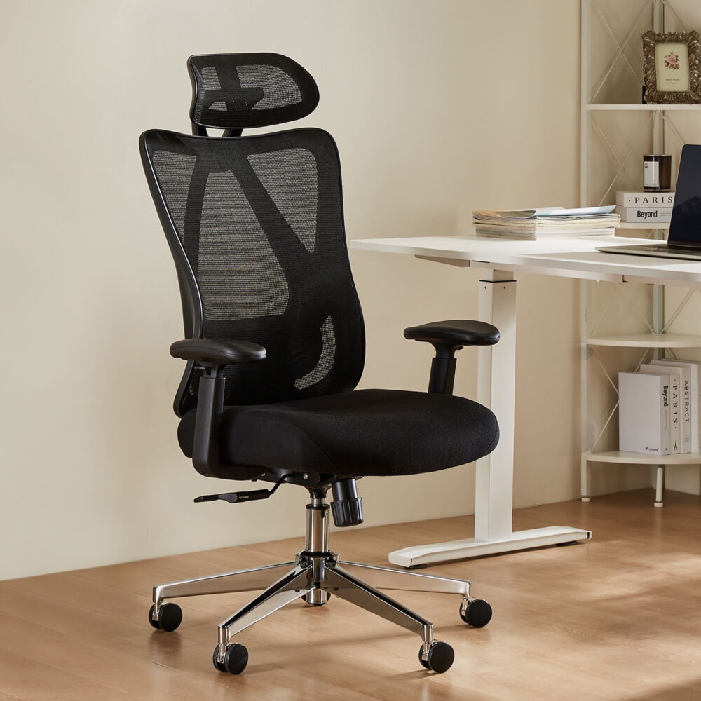 GIANNA Ergonomic Office Chair with Adjustable Headrest, 360° Swivel with 2D Armrest and 135° Tilt, Wide Cushion, Black - Image 4