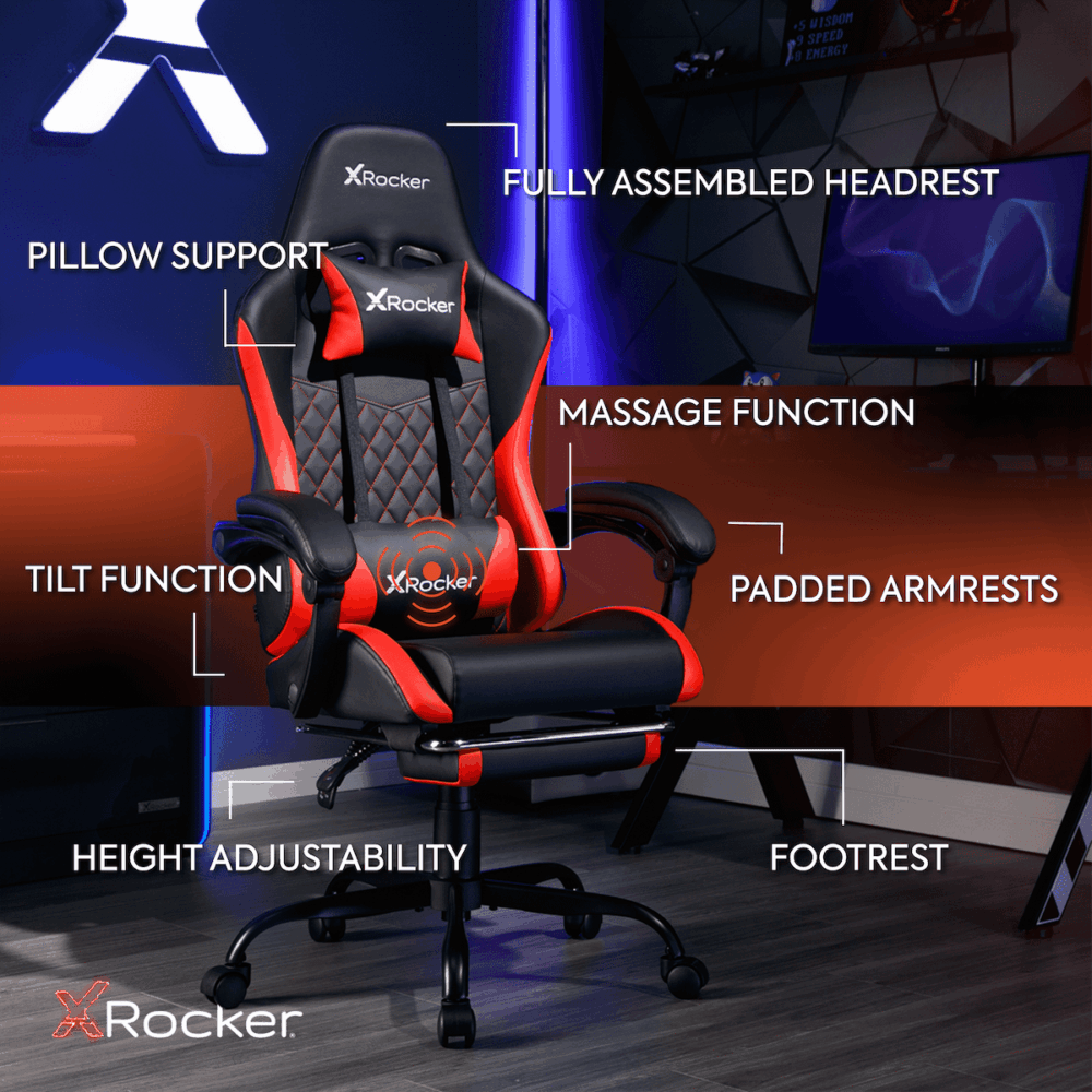 X Rocker Apex PC Gaming Chair with Massage Function and Footrest, Red - Image 5