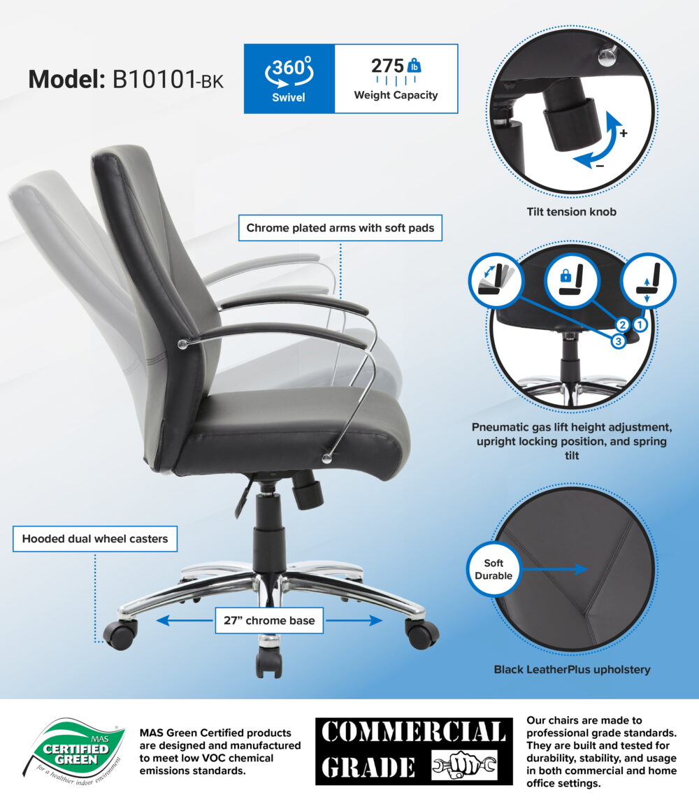 Boss Office Products LeatherPlus Home Office Adjustable Executive Chair with Casters, Black - Image 3