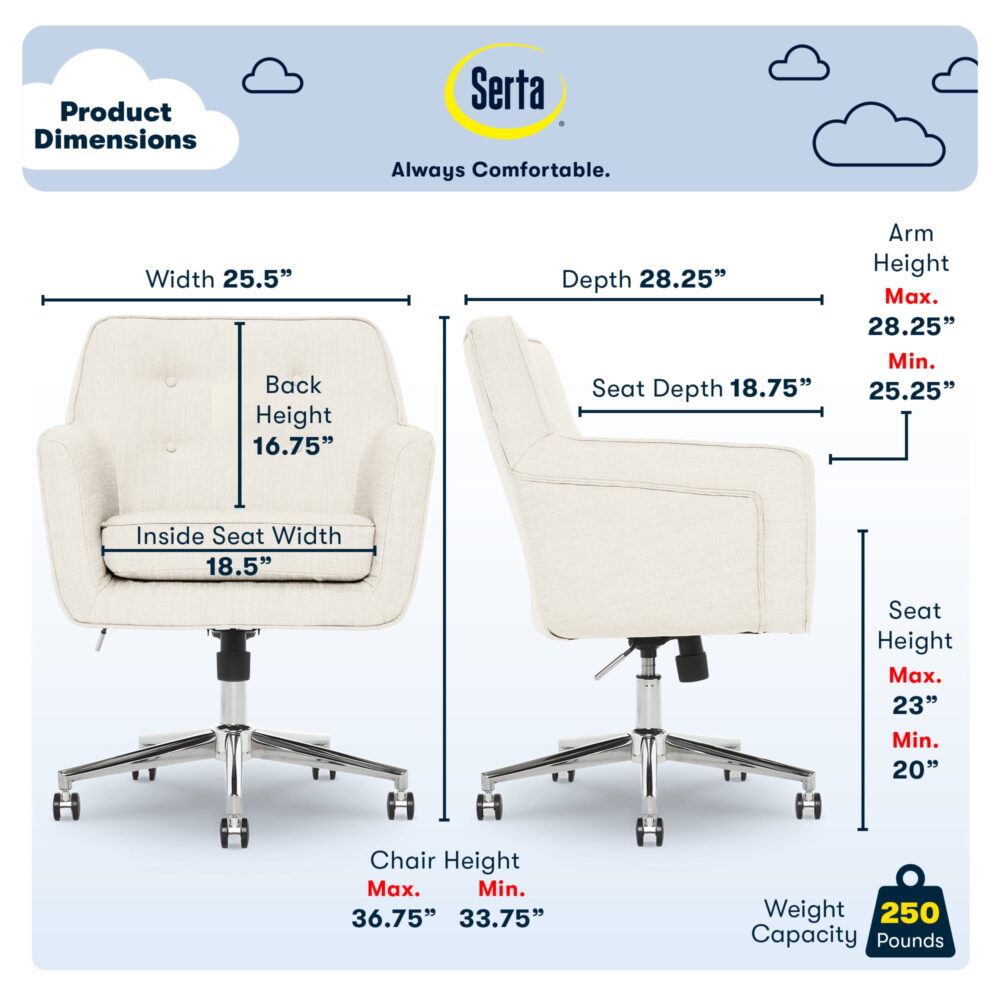 Serta Ashland Office Desk Chair, Button Tufted Mid-Back, Memory Foam Cushion, Chrome Swivel Base, Ivory - Image 4