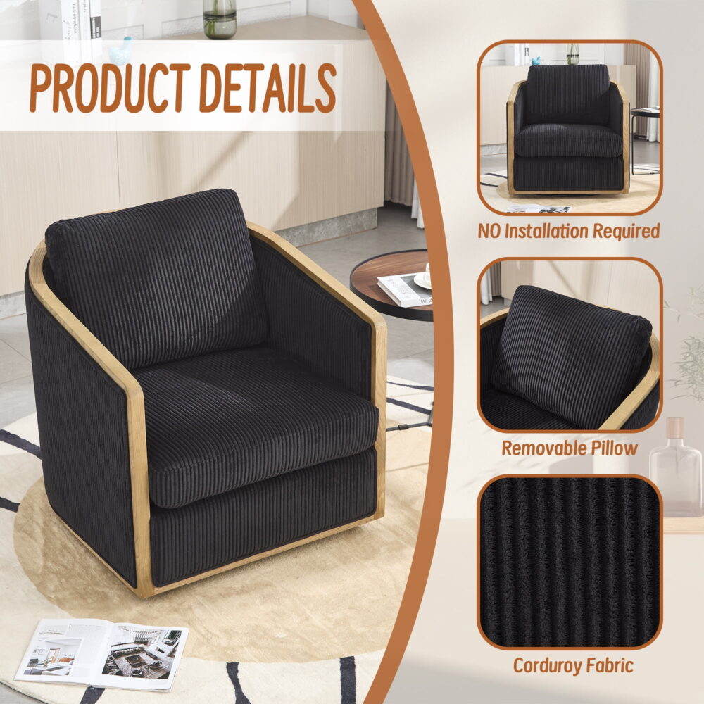 MOONMISS Corduroy Upholstered 360°Swivel Comfortable Round Barrel Chair for Living Room,Bedroom-Black - Image 2