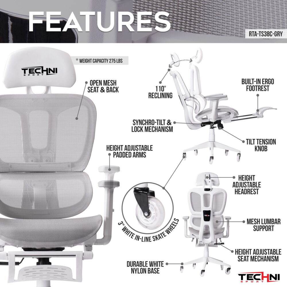 Techni Sport TS38C AIRFLEX2.0 Mesh Gaming Chair with Footrest, White RTA-TS38C-GRY - Image 3