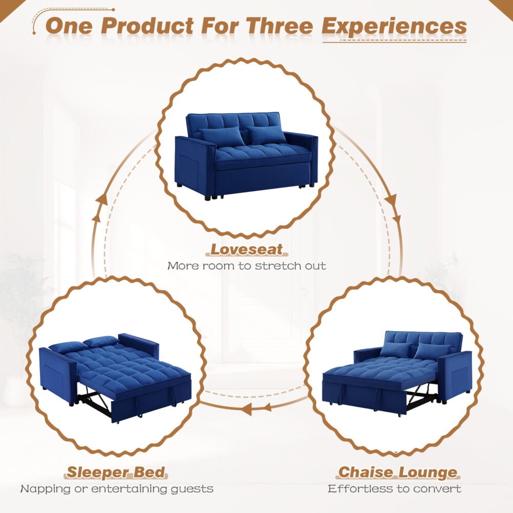 Dinosisco 3 in 1 Convertible Pull Out Sofa Bed, 55" Velvet Sleeper Loveseat, Cobalt Blue - Image 6