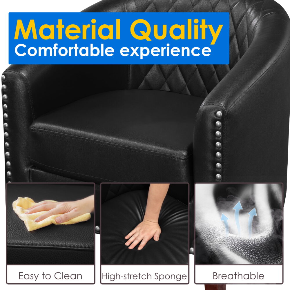 TrumanPick Accent Chair, Comfy Barrel Chair Set of 2 Faux Leather Cozy Reading Armchair for Living Room, Black - Image 5