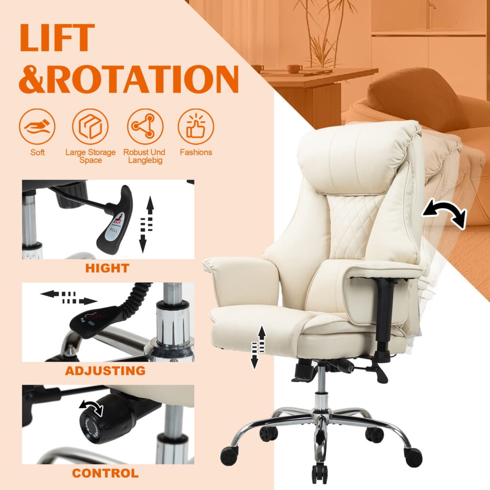 MOONMISS PU Leather Upholstered Adjustable Height 360°Swivel Lifting Handrail Home Office Desk Chair with Lumbar Support-Beige - Image 2