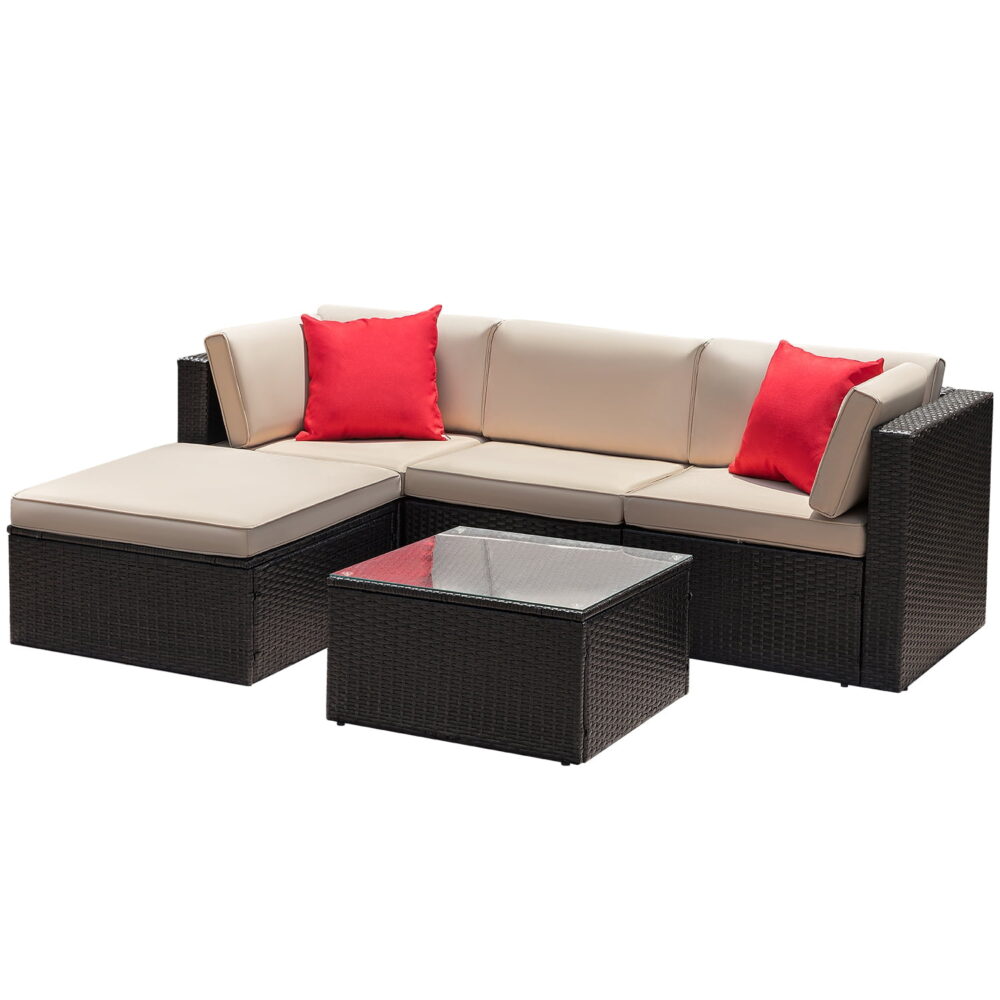 LACOO 5 Pieces Patio Sectional Set PE Rattan Outdoor All-Weather Wicker Conversation Set with Table, Beige - Image 5