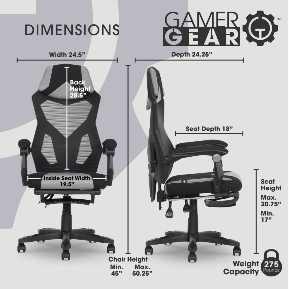 Gamer Gear Gaming Office Chair with Extendable Leg Rest, Gray/Black Fabric Upholstery - Image 3