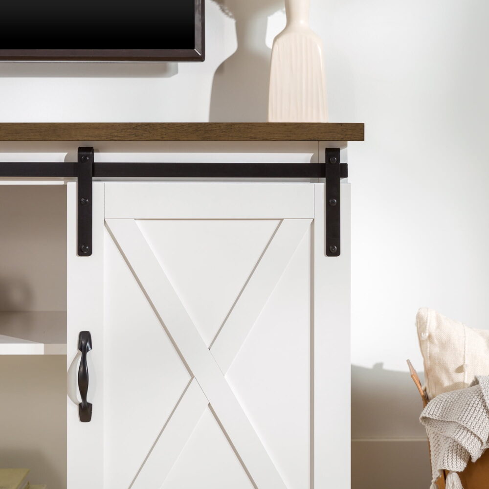 Walker Edison Farmhouse Sliding Barn Door TV Stand for TVs up to 65", White/Reclaimed Barnwood - Image 3