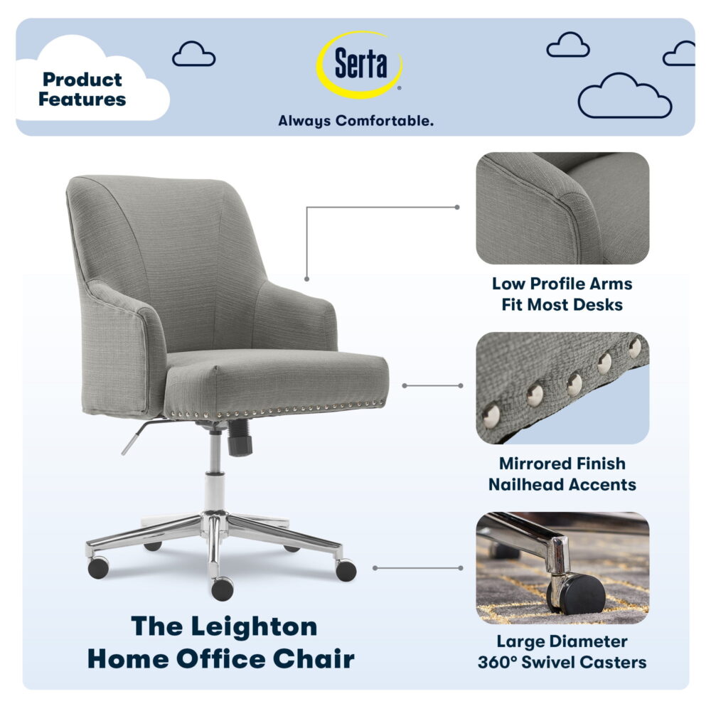 Serta Leighton Home Office Desk Chair Chrome Nailheads Twill Fabric Medium Gray - Image 7