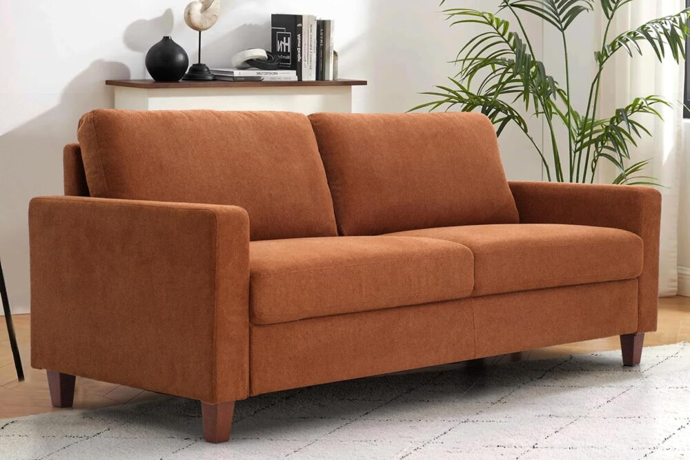US Pride Furniture Mid Century Modern Couch for Small Spaces Living Rooms Apartments and Condos 3-Seater Sofa with Reversible Back Pillows Orange - Image 4