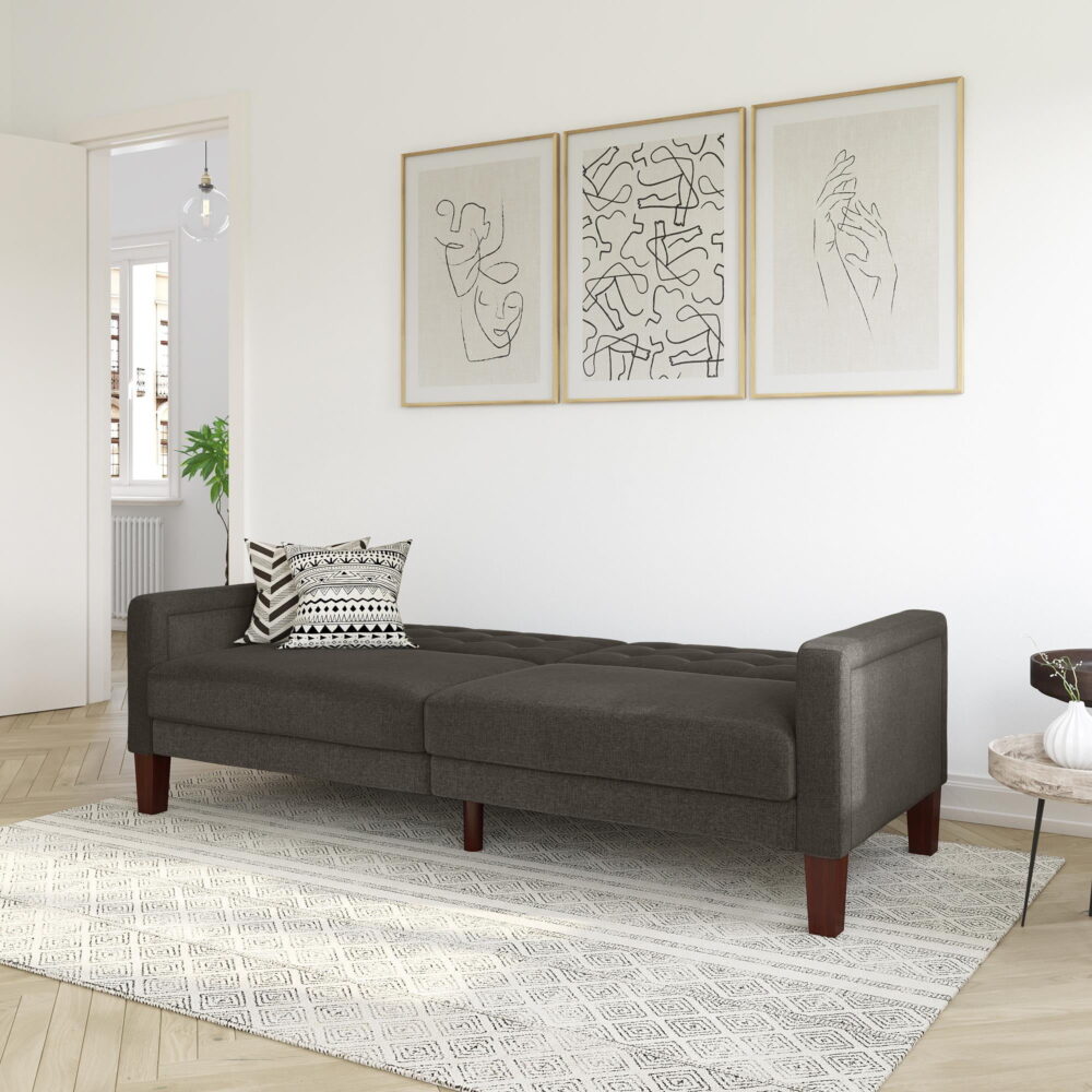 Better Homes & Gardens Porter Fabric Tufted Futon, Gray Linen - Image 3