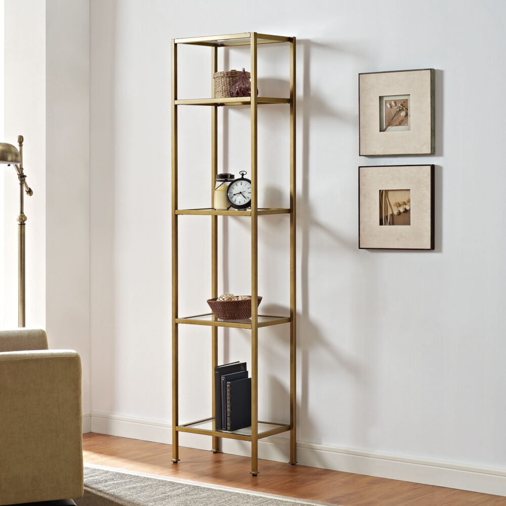 Crosley Furniture Aimee 4 Shelf Narrow Glass/Metal Etagere in Antique Gold - Image 2