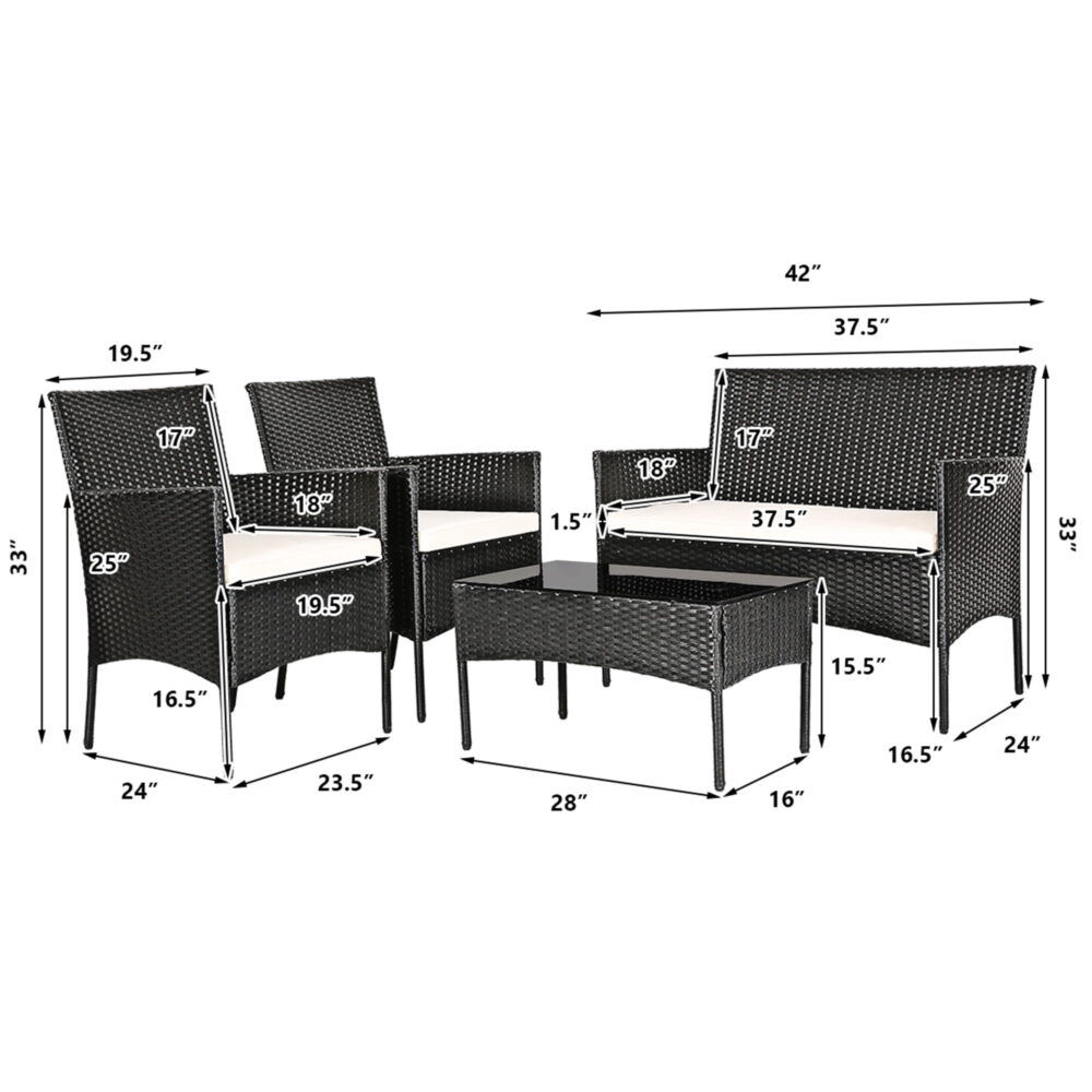 Gymax Fashion 4PCS Outdoor Furniture Set Patio Rattan Conversation Set w/ Beige Cushion - Image 6