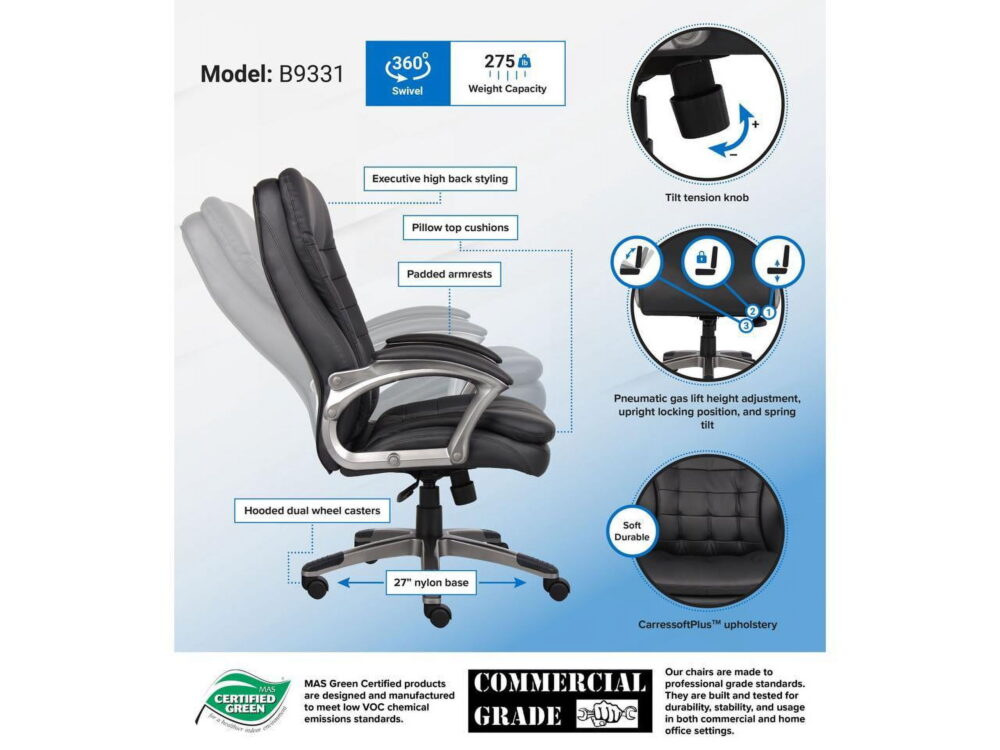 Boss Office Products Executive High Back Pillow Top Office Chair in Black - Image 3