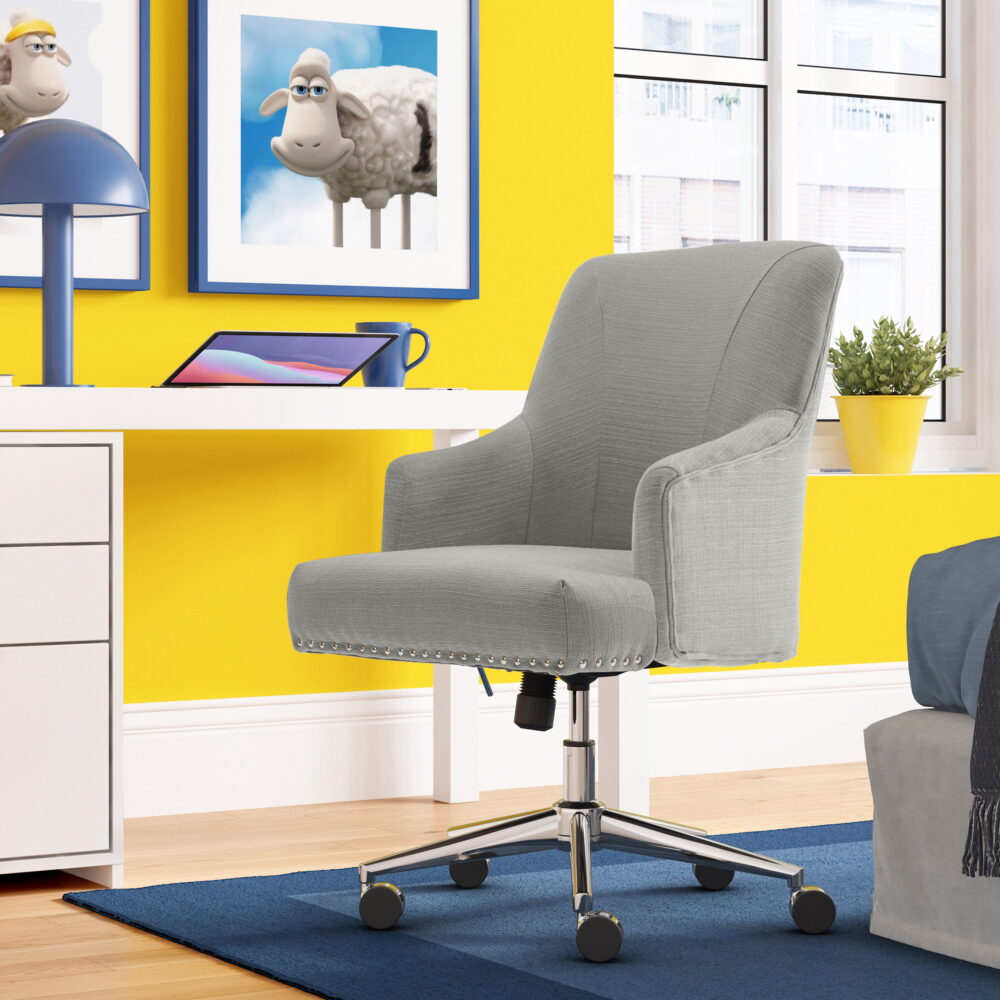Serta Leighton Home Office Desk Chair Chrome Nailheads Twill Fabric Medium Gray - Image 2