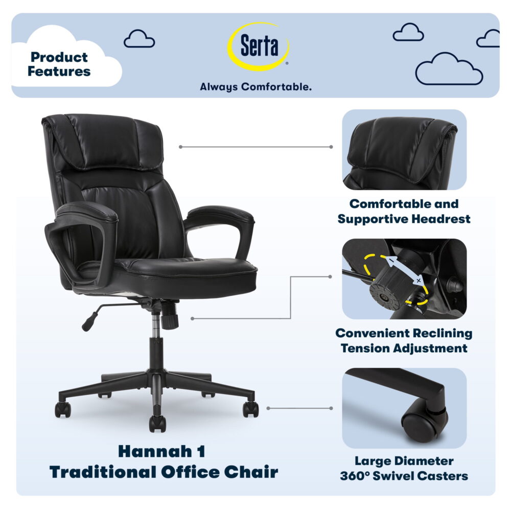 Serta Hannah Bonded Leather High Back Executive Chair with Arms - Black - Image 2