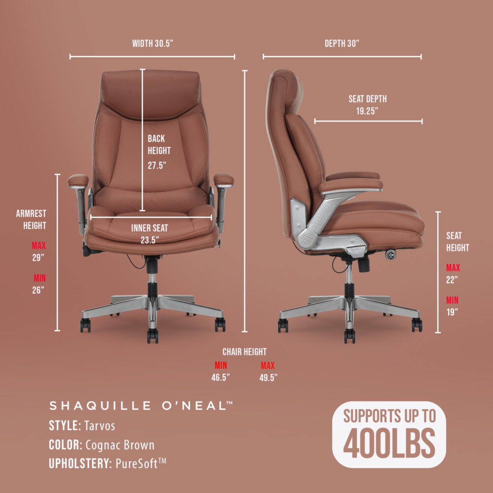 Shaq Tarvos Premium Ergonomic Big & Tall Office Chair, PureSoft Upholstery with Height Adjustable and Flip-Up Arms, Cognac Brown - Image 2