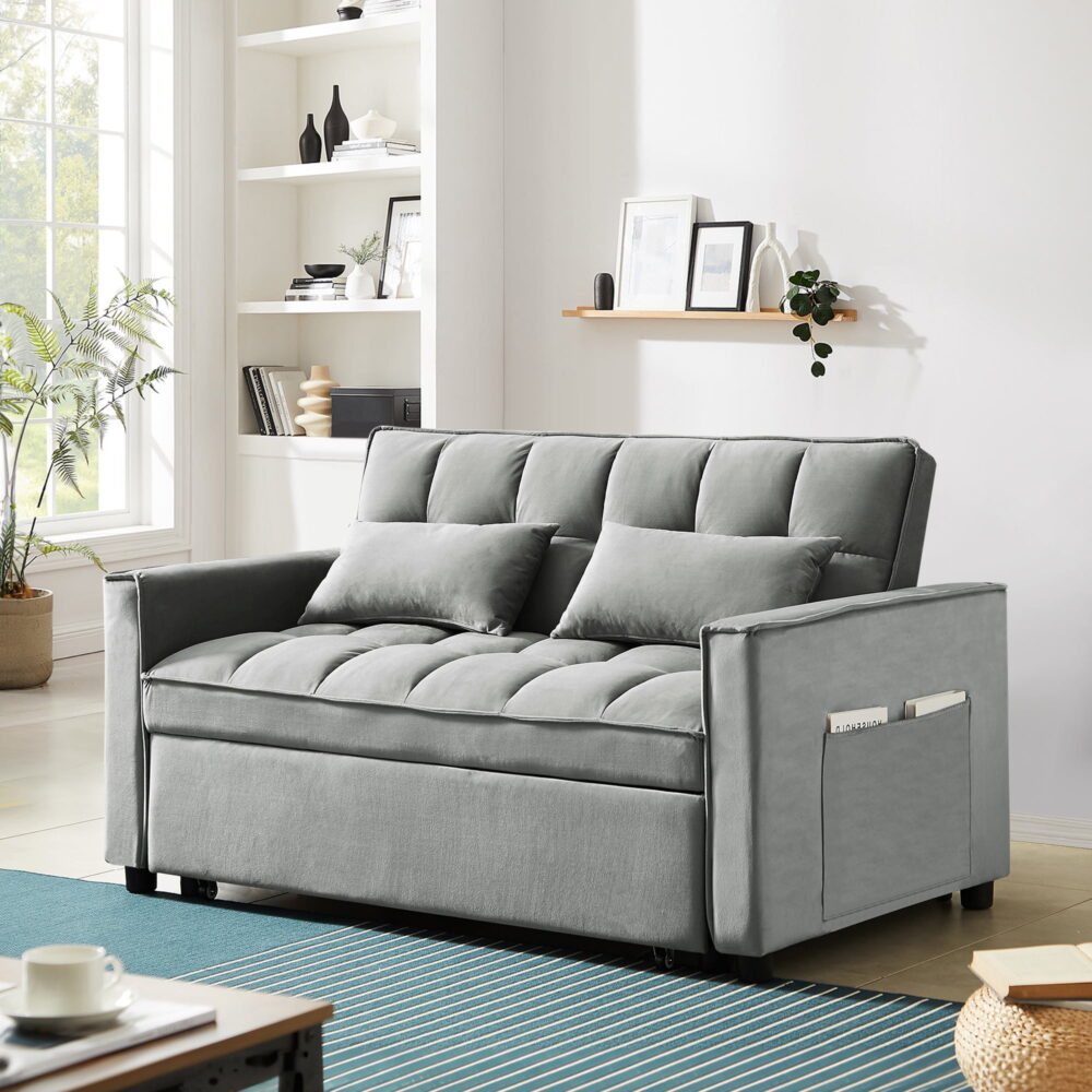 Dinosisco 4-in-1 Convertible Futon Sofa Bed, Pull Out Couch Beds Loveseat Sleeper, Gray Velvet - Image 4