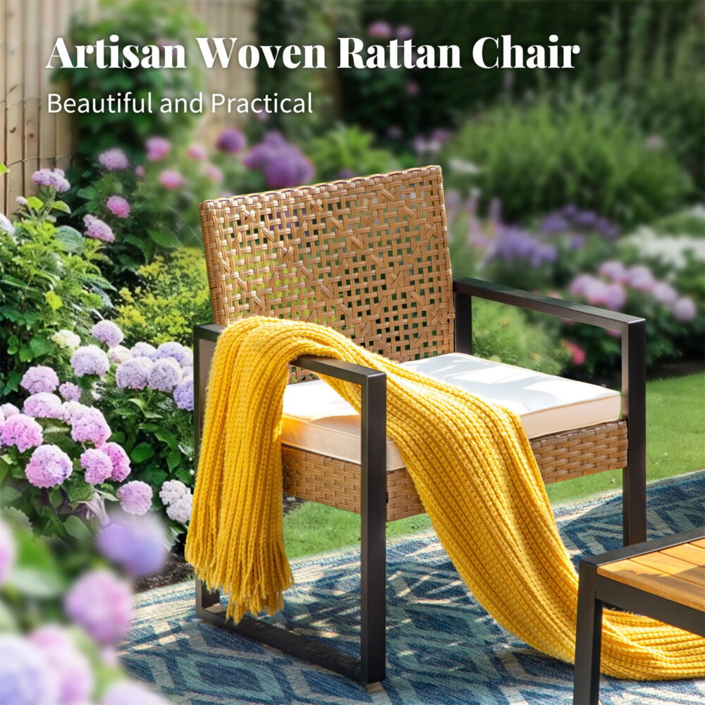 MF Studio 4-Piece All-Weather Rattan Patio Furniture Set, Outdoor Conversation Set with Wood Table, Brown and Beige - Image 4