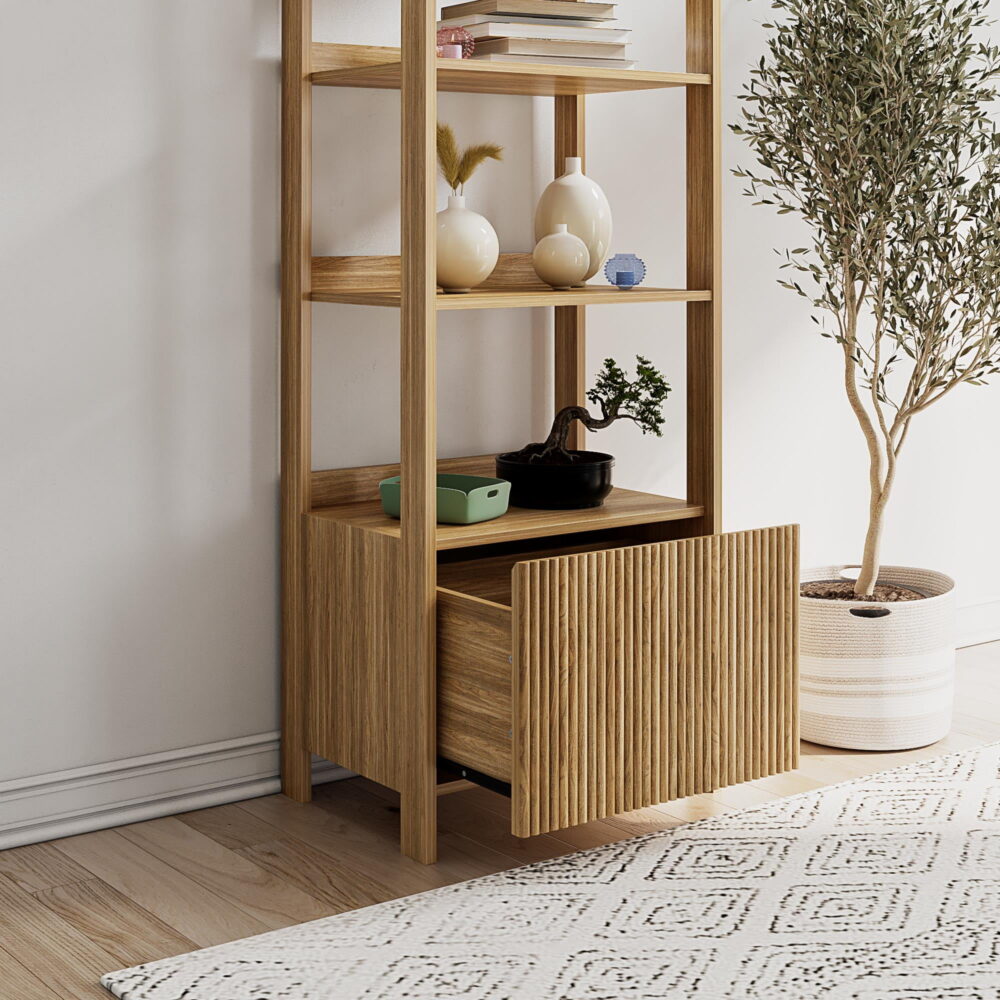 Mainstays 4-Shelf Reeded Bookcase with Drawer, Natural Teak - Image 6