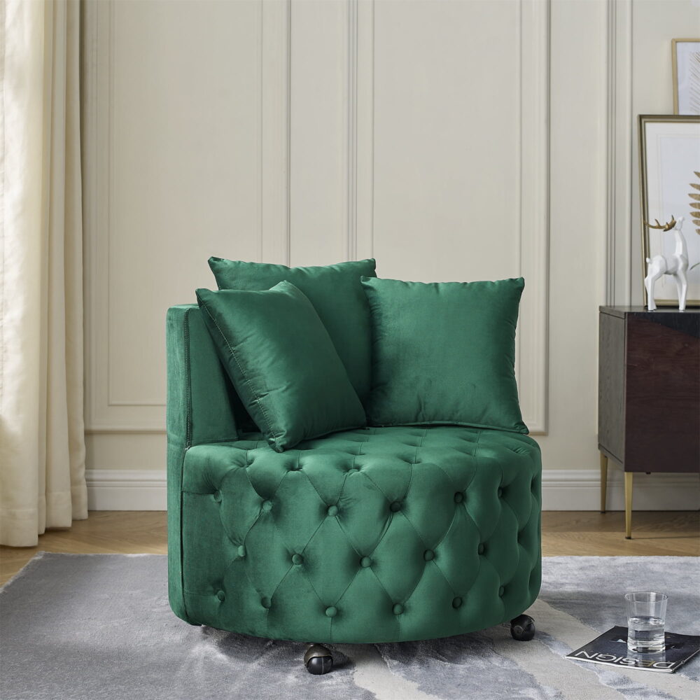 DEALTOPS Velvet Upholstered Swivel Chair for Living Room, with Button Tufted Design and Movable Wheels, Including 3 Pillows-Green - Image 2