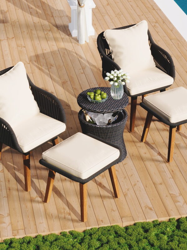 AENKYO 5-Piece Rope Patio Furniture Set with Wicker Pop-Up Cooler Table, Cushioned Chairs & Ottomans, Black