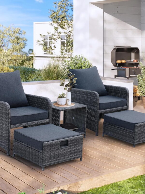 AENKYO Patio Furniture Set Rattan Patio Chair Set with Ottoman, Pillows Included, Perfect for Balcony, Small Space, Porch, 5 Pieces