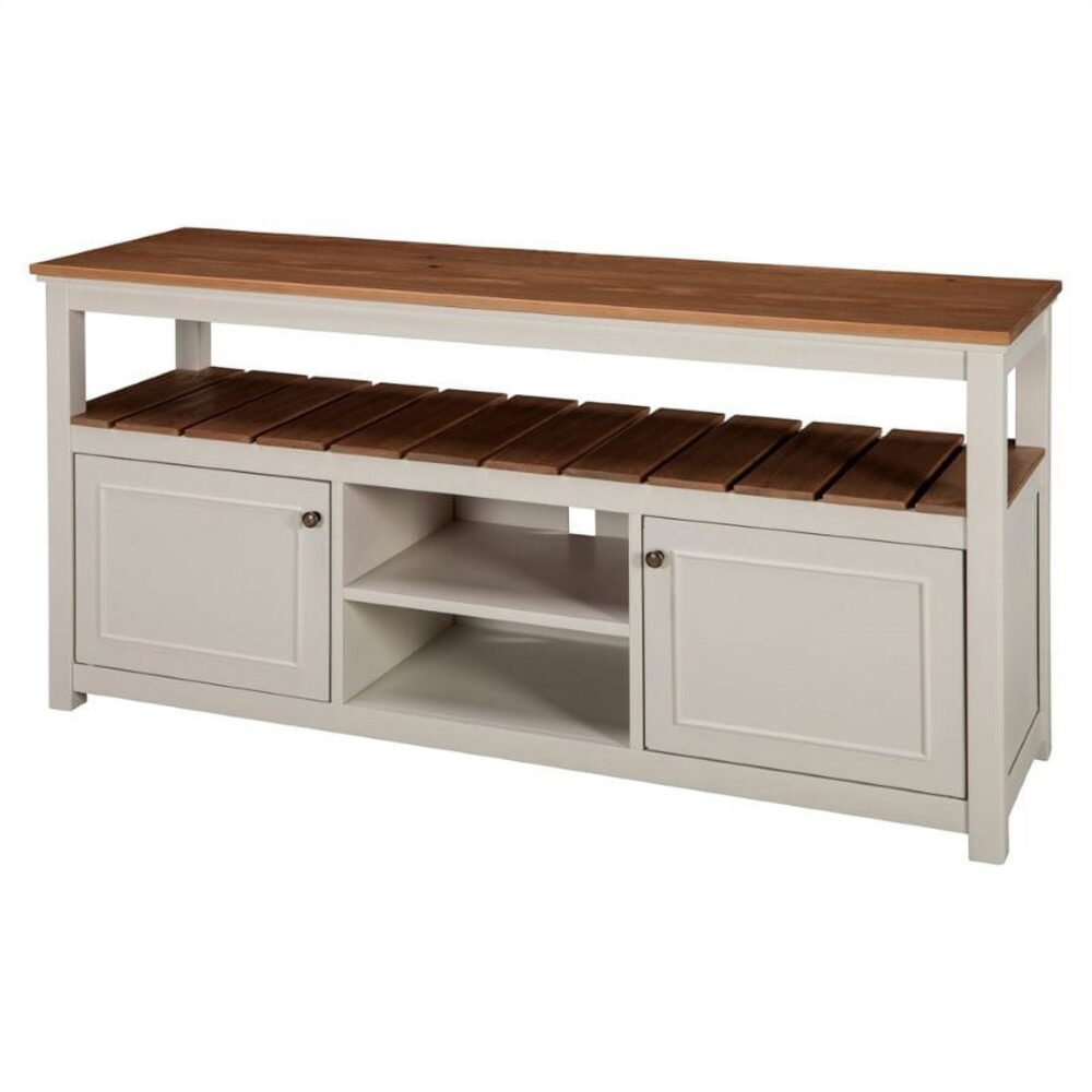 Alaterre Furniture Savannah TV Cabinet, Ivory with Natural Wood Top