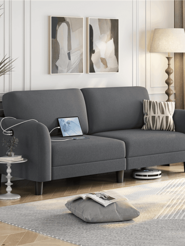 Alden Design 2-Seater 67"W Upholstered Sofa with USB Charging Ports for Living Room, Dark Gray