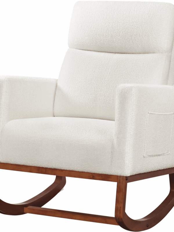 Alden Design Boucle Upholstered Rocking Chair with Side Pockets for Living Room, Ivory