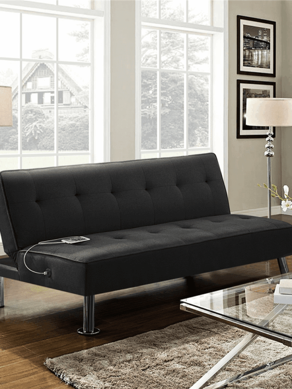 Alden Design 66" Modern Fabric Convertible Futon Sofa Bed with USB, Black