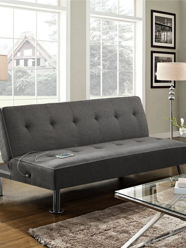 Alden Design 66" Modern Fabric Convertible Futon Sofa Bed with USB, Charcoal