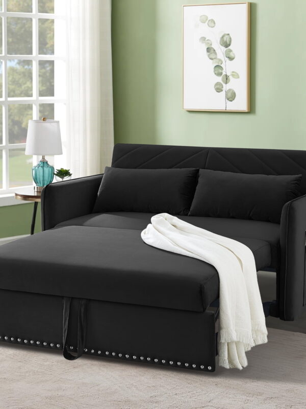 Aukfa 3 in 1 Convertible Sleeper Sofa Bed with 2 Pillows & USB Port, 55" Velvet Loveseat Sofa, Black
