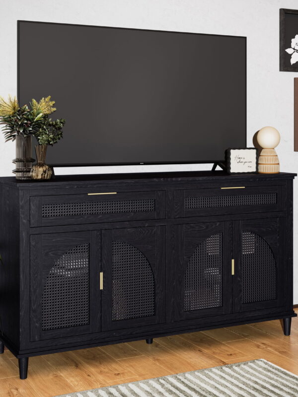 Beautiful Drew Rattan Media Console with Teched Away Drawer by Drew Barrymore, Black Finish