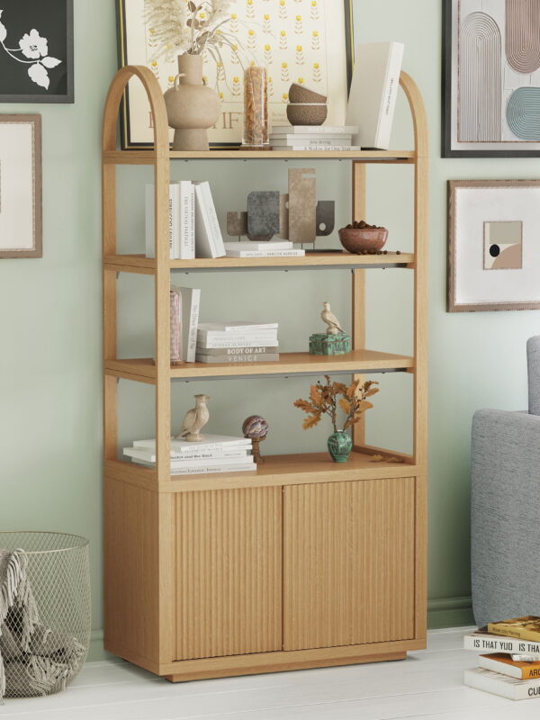 Beautiful Fluted 3-Shelf Bookcase with Storage Cabinet by Drew Barrymore, Light Honey Wood Finish