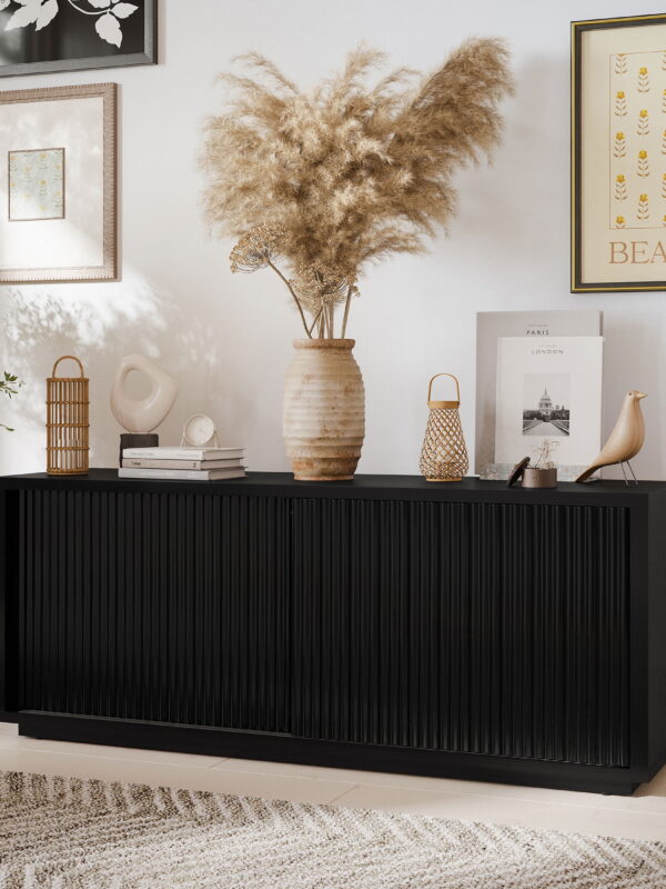 Beautiful Fluted TV Stand for TV’s up to 70” by Drew Barrymore, Rich Black Finish
