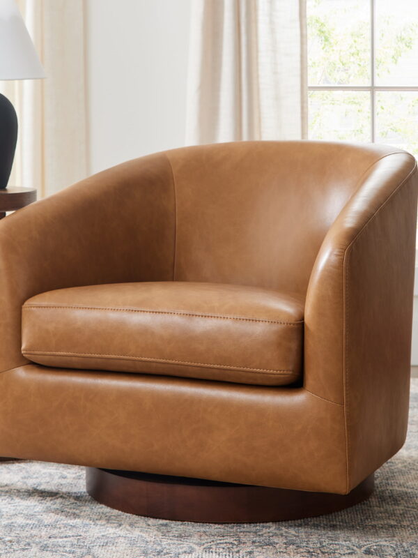 Better Homes & Gardens Bradford Wooden Base Swivel Accent Chair, Chestnut Faux Leather