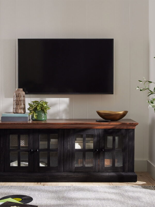 Better Homes & Gardens Canton 4- door TV Stand for TV’s up to 70”, Black/Light Honey Finish